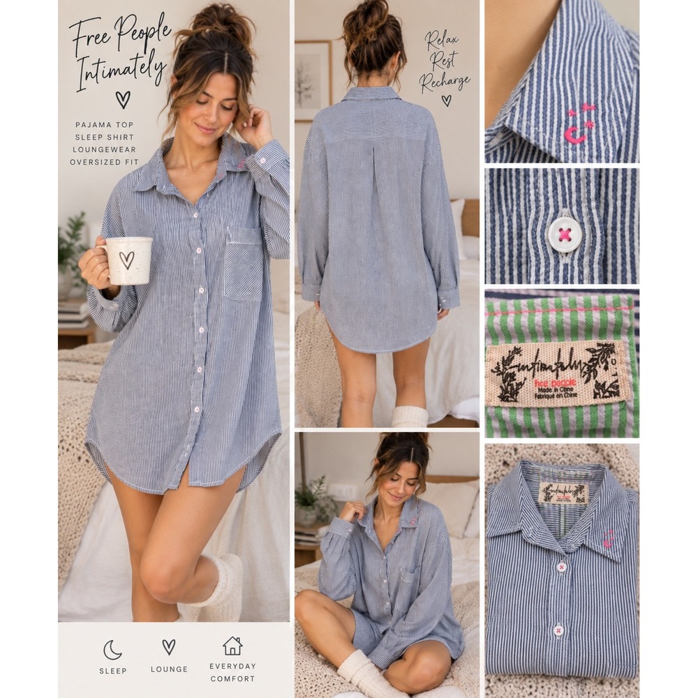 Intimately Free People Seersucker Sleep Shirt Blue White Striped Medium 0569
